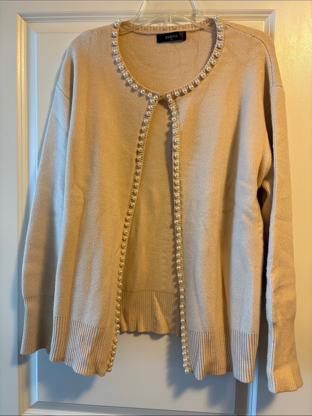 Zesica Pearl-Trim Beige Open Cardigan